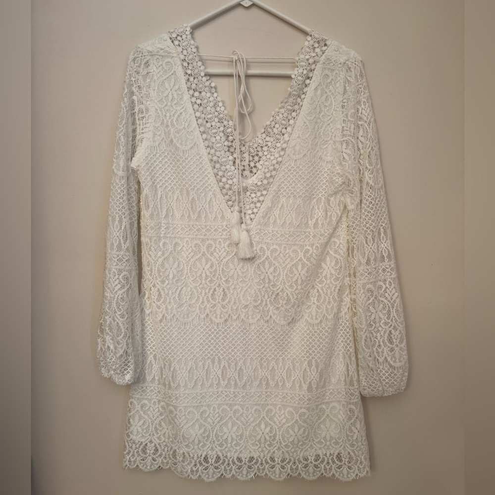 Mustard Seed White Lace Boho Mini Dress Long Sleeve V-Neck Size Medium NWT - Picture 3 of 6